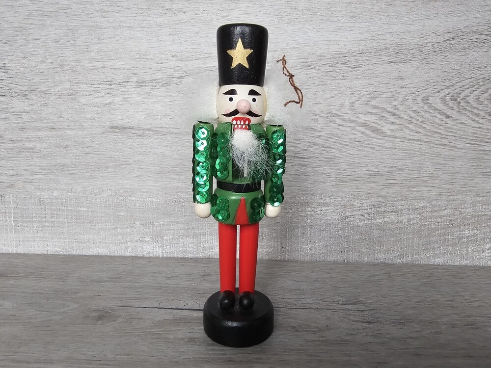 Christmas Holiday Decoration Small Nutcracker 5.5" Green Sequin Jacket Red Pants